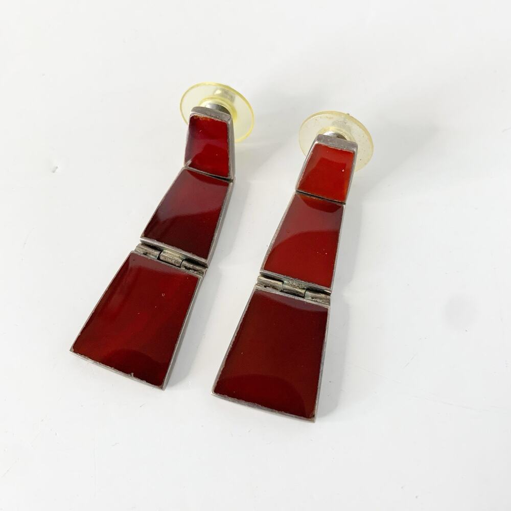 Vintage Earrings Mexican Sterling Silver Drop Red Stone Modernist Articulated - Picture 5 of 5